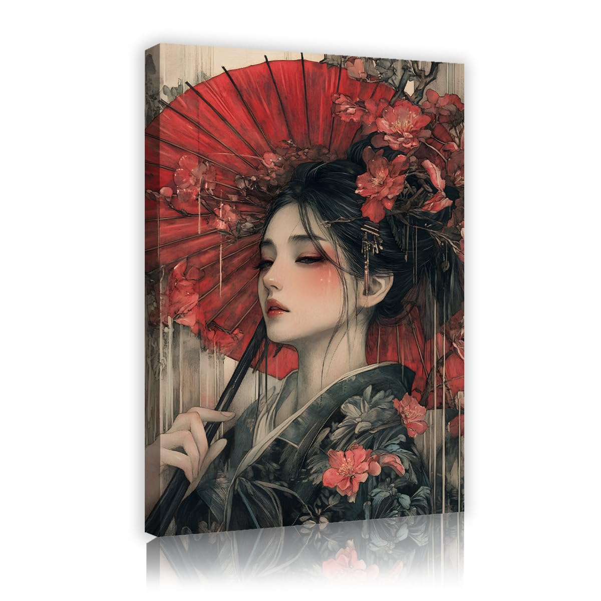 Via Vela Red Parasol Japanese Geisha Portrait Canvas Wall Art Aesthetic Asian Woman Poster Painting Modern Wabi-Sabi Ukiyo-E Artwork Print for Bedroom Living Room Office Framed Wall Decor 80x120cm