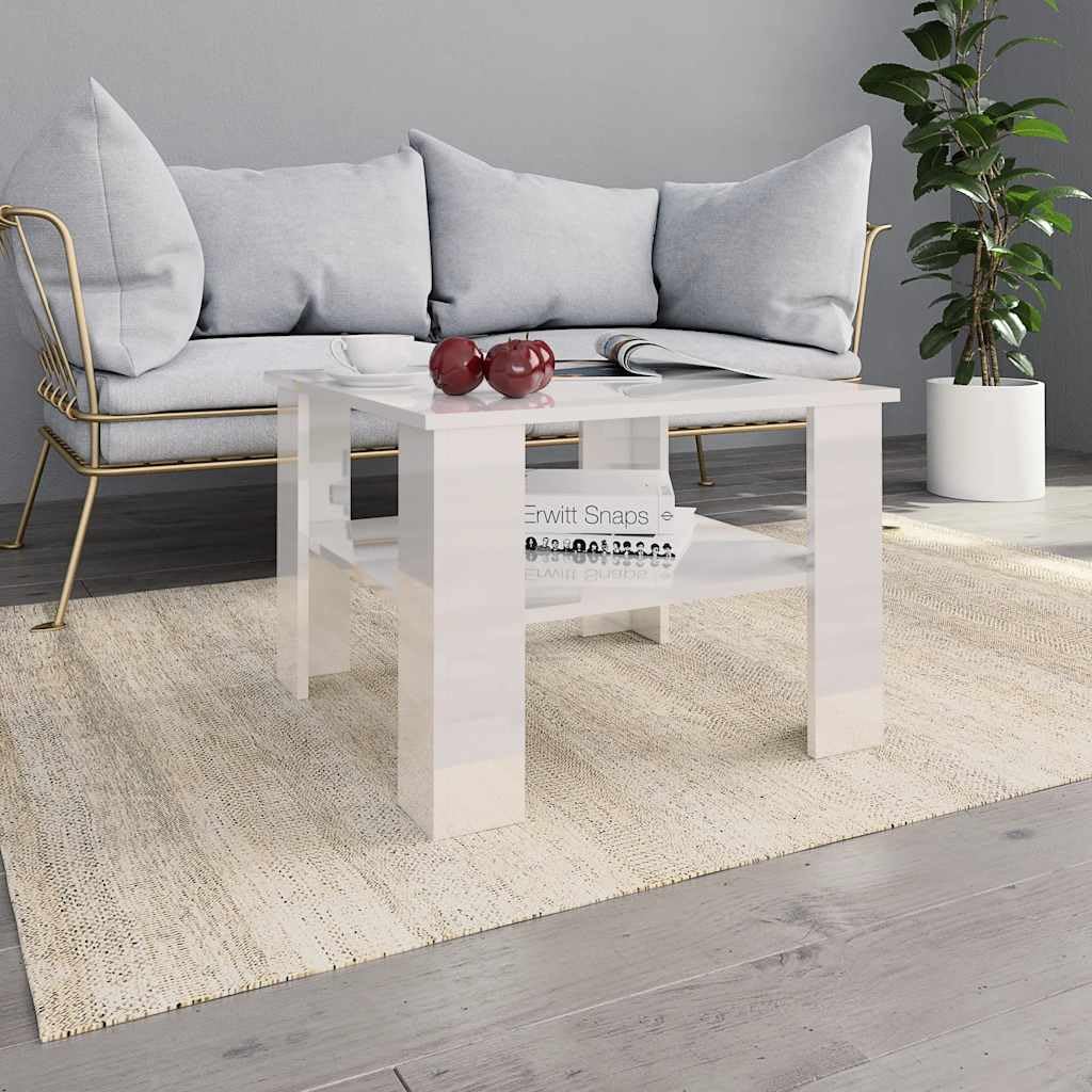 Mesa de centro brillante blanca 60 x 60 x 42 cm, material de madera, diseño moderno con estante, pequeña mesa auxiliar para salón, dormitorio, pasillo