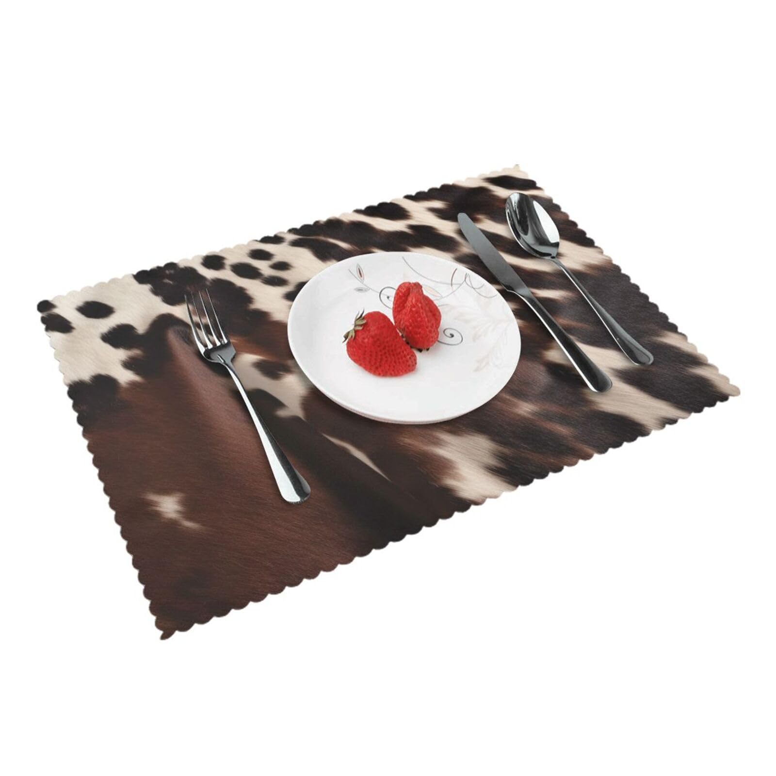 Brown Cowhide Printed Placemat Heat Resistant Place Mats Set of 4 PCS Washable Kitchen Table Mats, 12x18 Inch