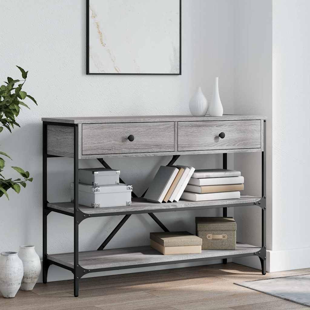 Mesa consola con 2 cajones y estantes, mesa de pasillo de madera y acero, mesa auxiliar clásica para salón y pasillo, gris Sonoma, 100 x 34,5 x 75 cm