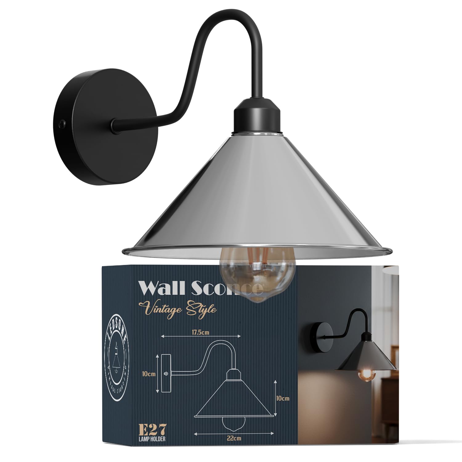 Led Wall Lights Indoor Modern Chrome 22cm Cone Shaped Shade Swan Neck Led Sconce Fittings Not Battery Operated Wall Lamp for Living Room, Bedroom, Hallway