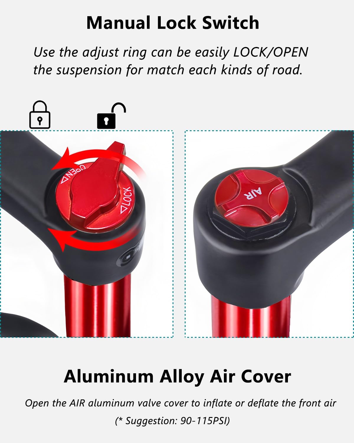 AuroraXQ Widelec Amortyzowany do Roweru Górskiego 26/27,5/29 Cali, Przedni Widelec MTB Air o Skoku 120mm, z Regulacją Odbicia do MTB/Trail/AM/XC(Tapered Manual Lockout,27,5 cala)