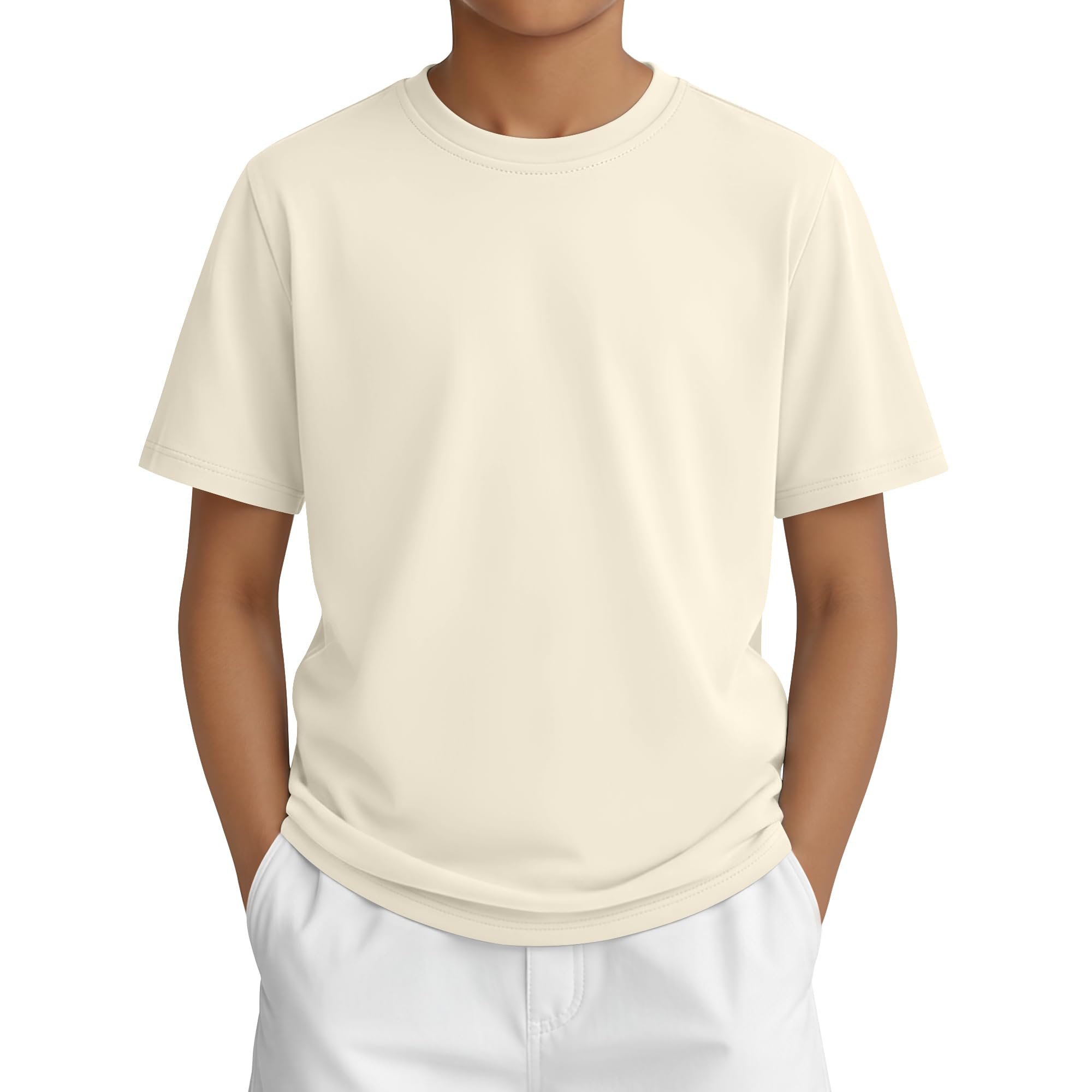 Photo 1 of LessonZoo Boys Short Sleeve Shirts Kids Summer Crew Neck T-Shirt Loose Fit Solid Tops Casual Basic Tee for 5-16 Years(Cream,15-16 Years)
