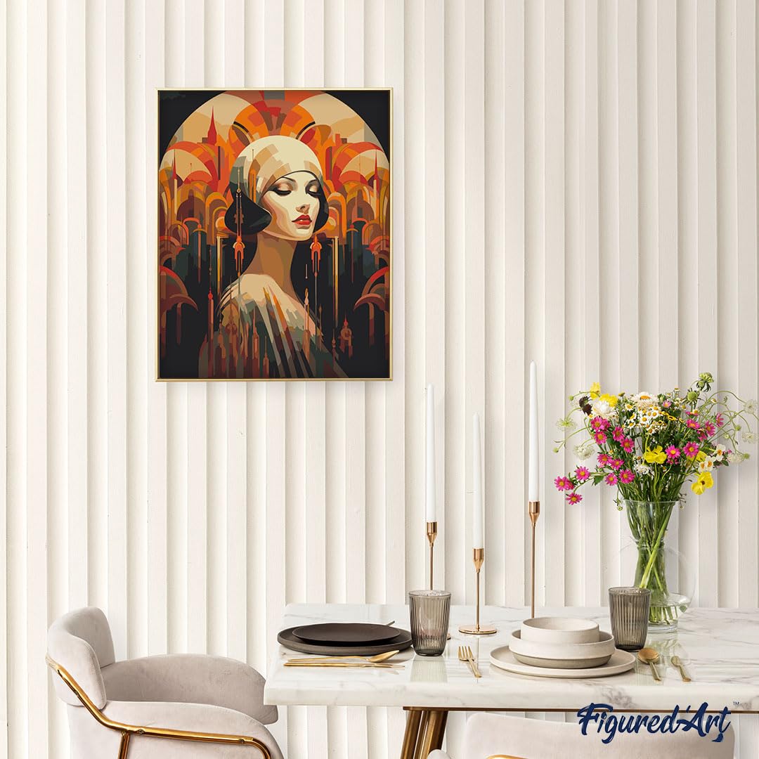 Figured'Art Malen Nach Zahlen Erwachsene Mit Rahmen Art-Deco-Frau - Paint by Numbers Basteln DIY Bastelset 40x50cm - Leinwand gespannt auf Holzrahmen