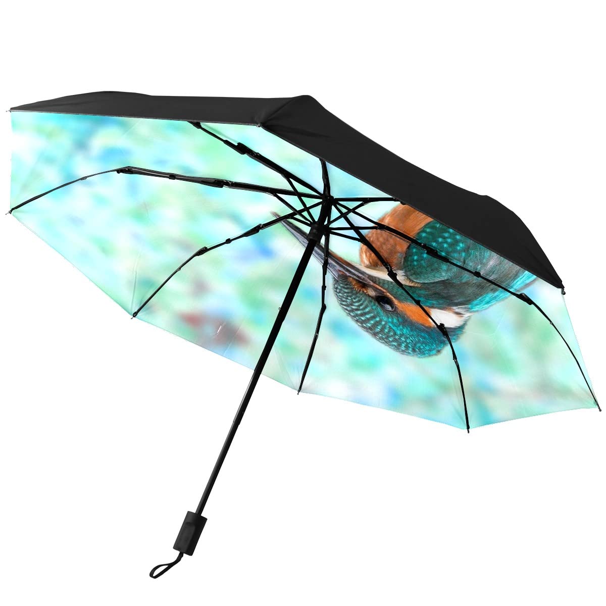 GISPOG Automatic Folding Umbrella, Kingfisher Sitting Branch Bokeh Waterproof Compact Sun and Rain Travel Umbrellas