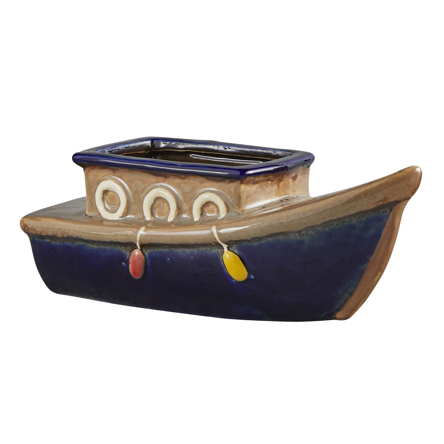 47th & Main Unique Shaped Ceramic Flower Pot Planter for Beach House Coastal Decor, 9" Long, Blue Boat