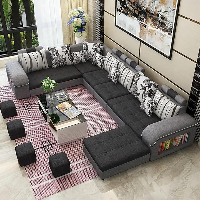 Poppins HOME Modern 6 Seater U Shaped Velvet Sectional Sofa for Classic Living Rooms Luxury Design Modular Fabric Set (Dark Grey)