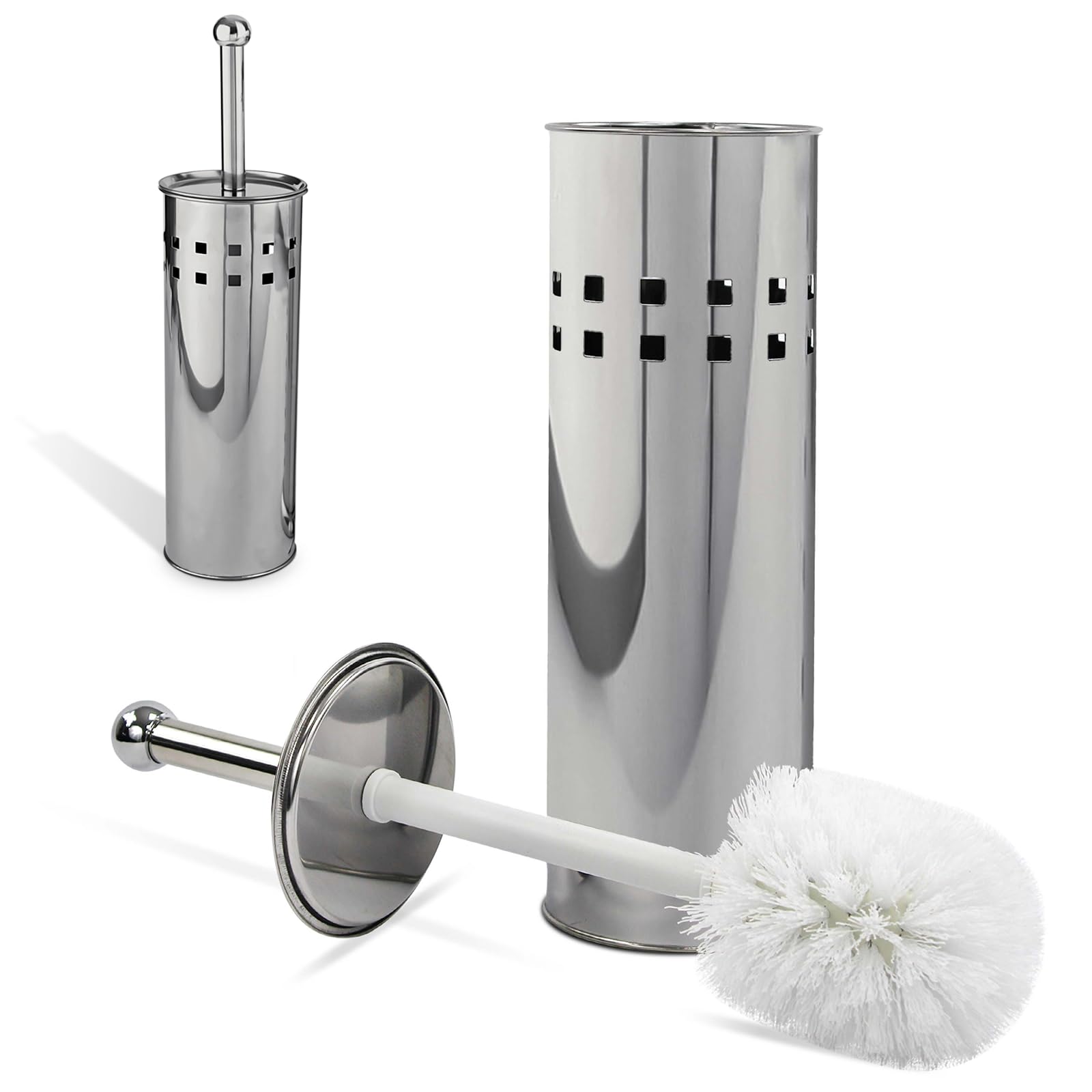 Crystals Stainless Steel Toilet Brush with Holder – Free Standing Bathroom Cleaning Set, Rust-Resistant, Anti-Bacterial, (Silver)