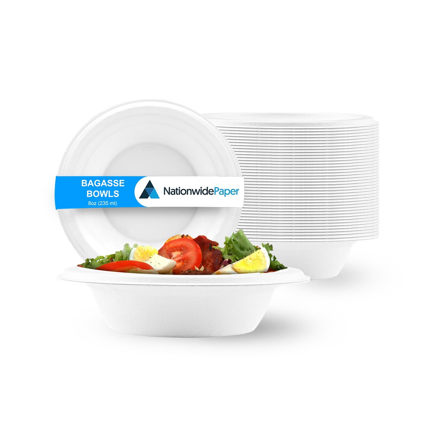 Nationwide Paper 8oz 100pcs White Bagasse Sugarcane Disposable Bowls, Strong Biodegradable Bowls for Hot Food, Soup, Salad (240ml)
