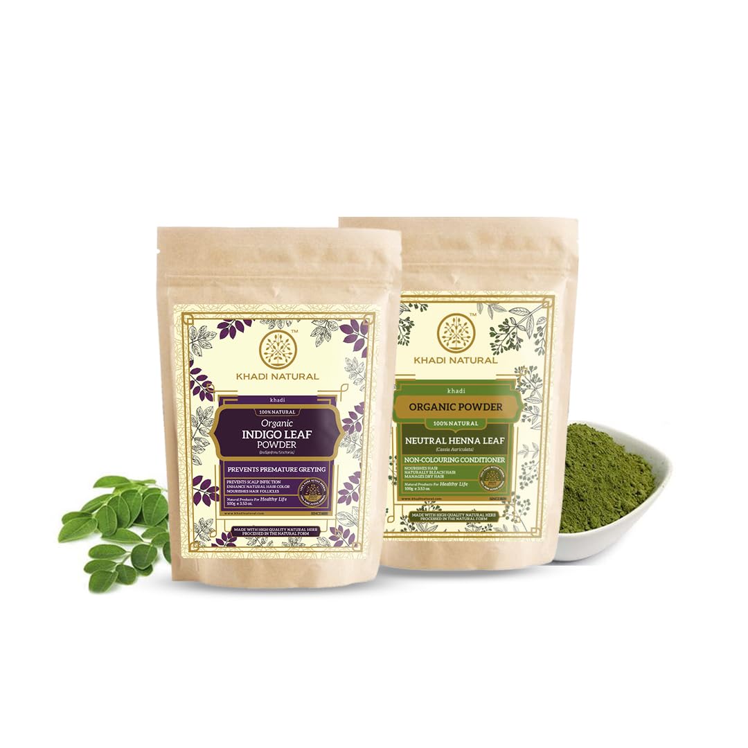 KHADI NATURAL Organic Powder Pack of 2 (Indigo + Natural Henna) 200gm|Herbal Hair Colour | Hides grey hair| Prevents hair thinning | Free From…