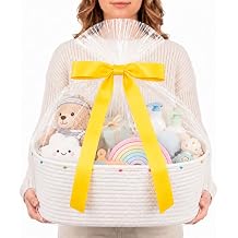 Large Gift Basket Empty, Cotton Rope Woven Basket with Pom-Pom Trim, White