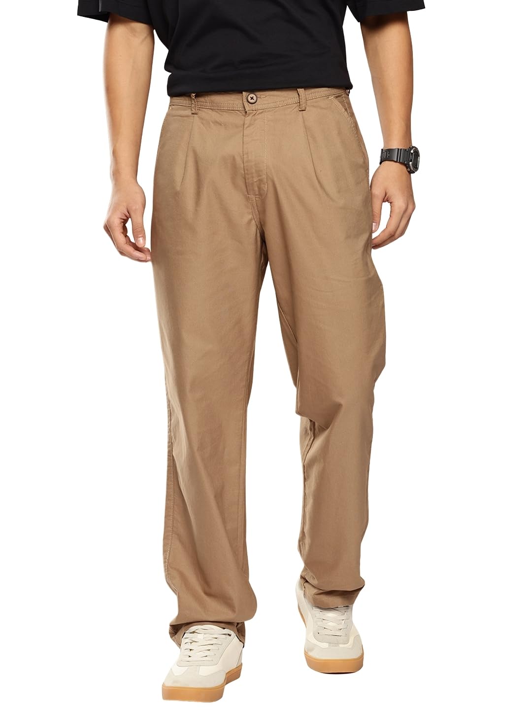 DressBerry Men's Loose Fit Cotton Pleated Oxford Trousers Pants in neutral