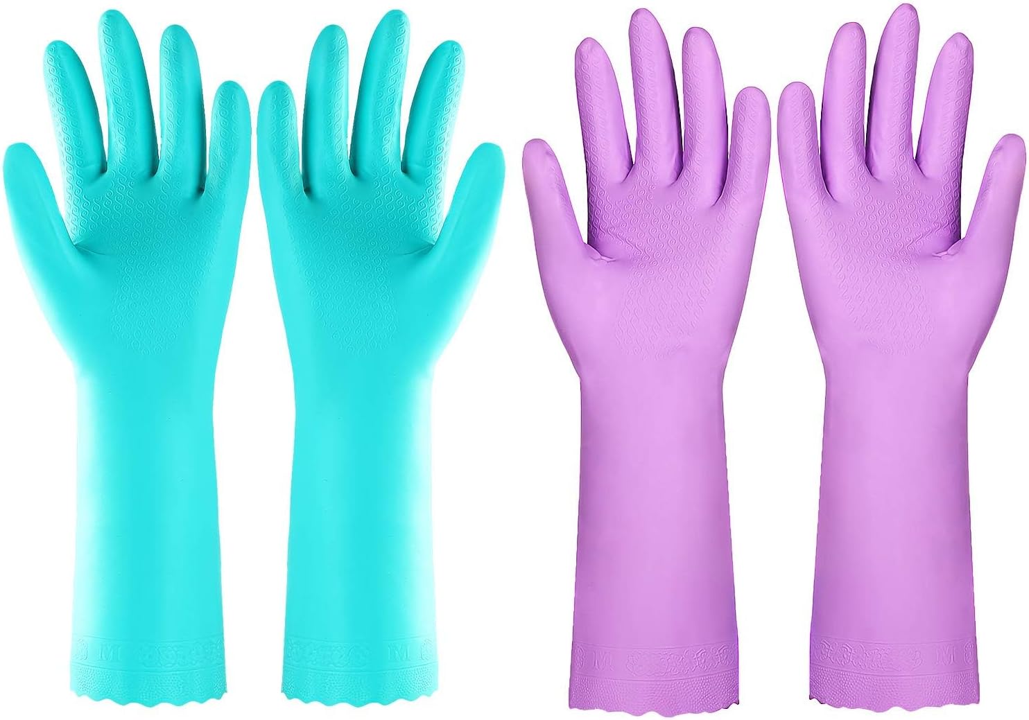 Reusable Dishwashing Cleaning Gloves with Latex free, Cotton lining,Kitchen Gloves 2 Pairs,Purple+blue Medium