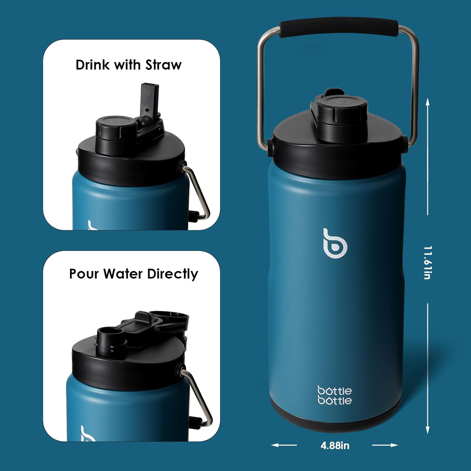 BOTTLE BOTTLE Insulated Water Bottle 64 oz with Straw and Dual-use Lid Half Gallon Water Jug Vacuum Stainless Steel for Workout and Sports Insulated Beer Growler with Handle Lake blue - Image 5