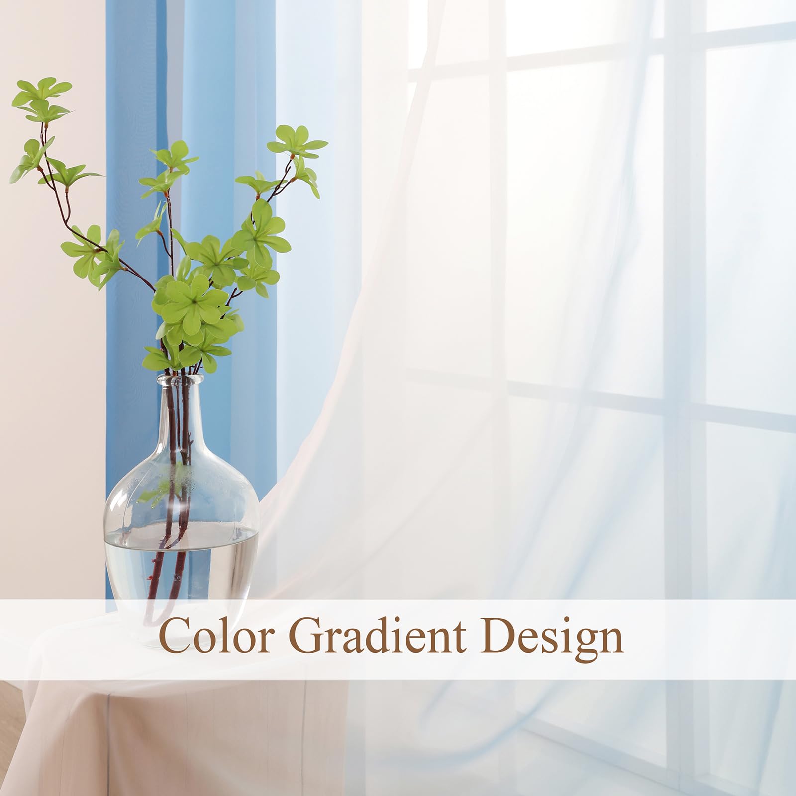L.Z.E Tende con degradé di colore e nastro arricciato, tenda blu bianco per soggiorno bambini ragazze camera da letto finestra trasparente set da 2 pezzi tende in voile pannelli 140 x 245 cm lunghe