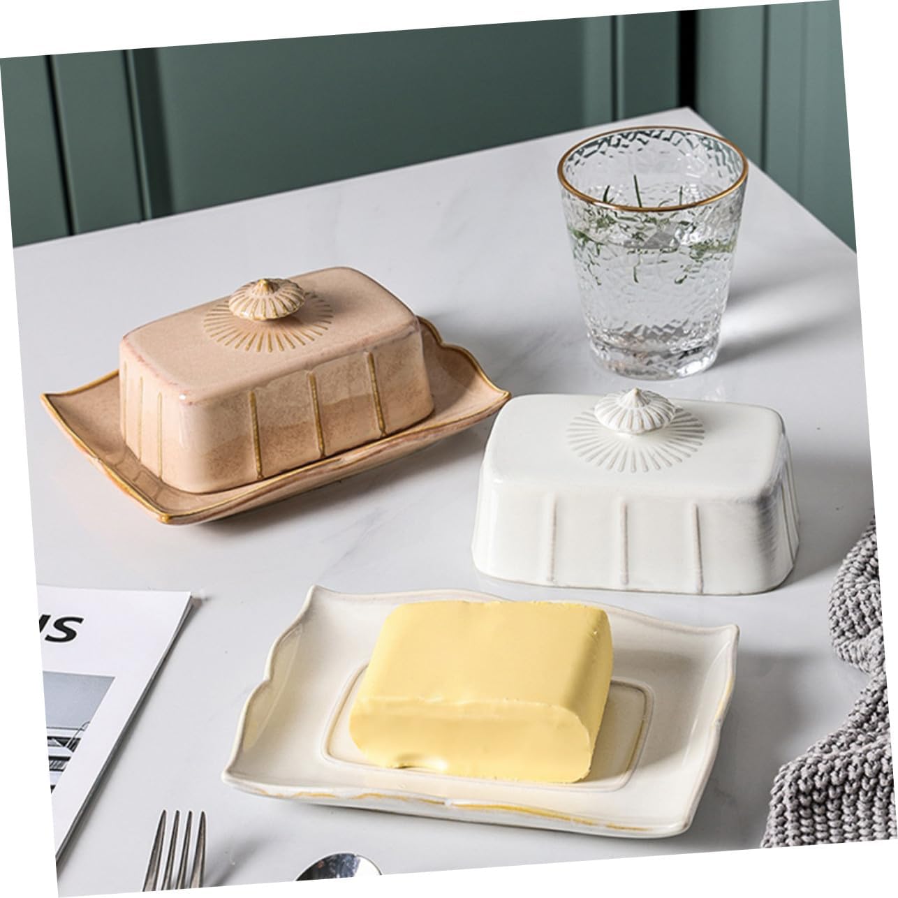 Uonlytech Ceramic Butter Plate with Lid Decorative Covered Dessert Holder Tray for Kitchen Food-safe Cheese Dish for Snacks Cookies Fruits Serving Stylish and Easy to Clean