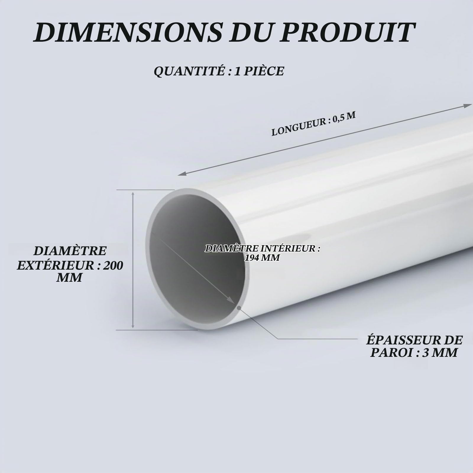 Tuyau en PVC 200 mm de diamètre extérieur x 3 mm d'épaisseur de paroi, plastique dur for drainage, rénovation et bricolage, 1 pièce, 0,5 m