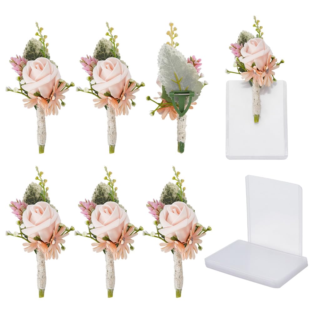 DELORIGIN 6 flores en el ojal para bodas, ojal, rosa, novio, con 6 fundas de plástico, accesorios de boda para novio, padrino, aniversario, baile de graduación, cena