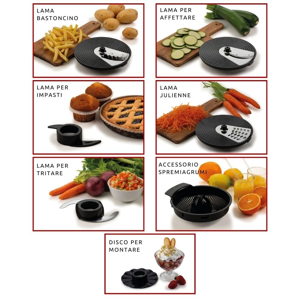 Ariete 1782 Gourmet Pro Moderna, Robot da cucina, Tritatutto 3L, Frullatore 2L, 2 velocità + Pulse, Set di lame + Disco in acciaio inox, Accessorio spremiagrumi, Rosso