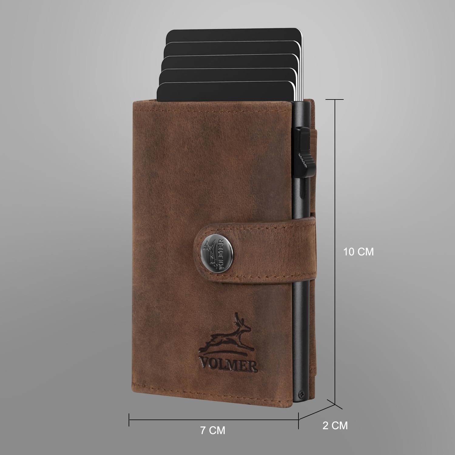 Fa.Volmer POP-UP etui na karty z przegródką na monety z prawdziwej skóry dla mężczyzn i kobiet | 12 kart | ochrona RFID | portfel VO45, Brown Hunter, Großes Münzfach, Duża przegródka na monety