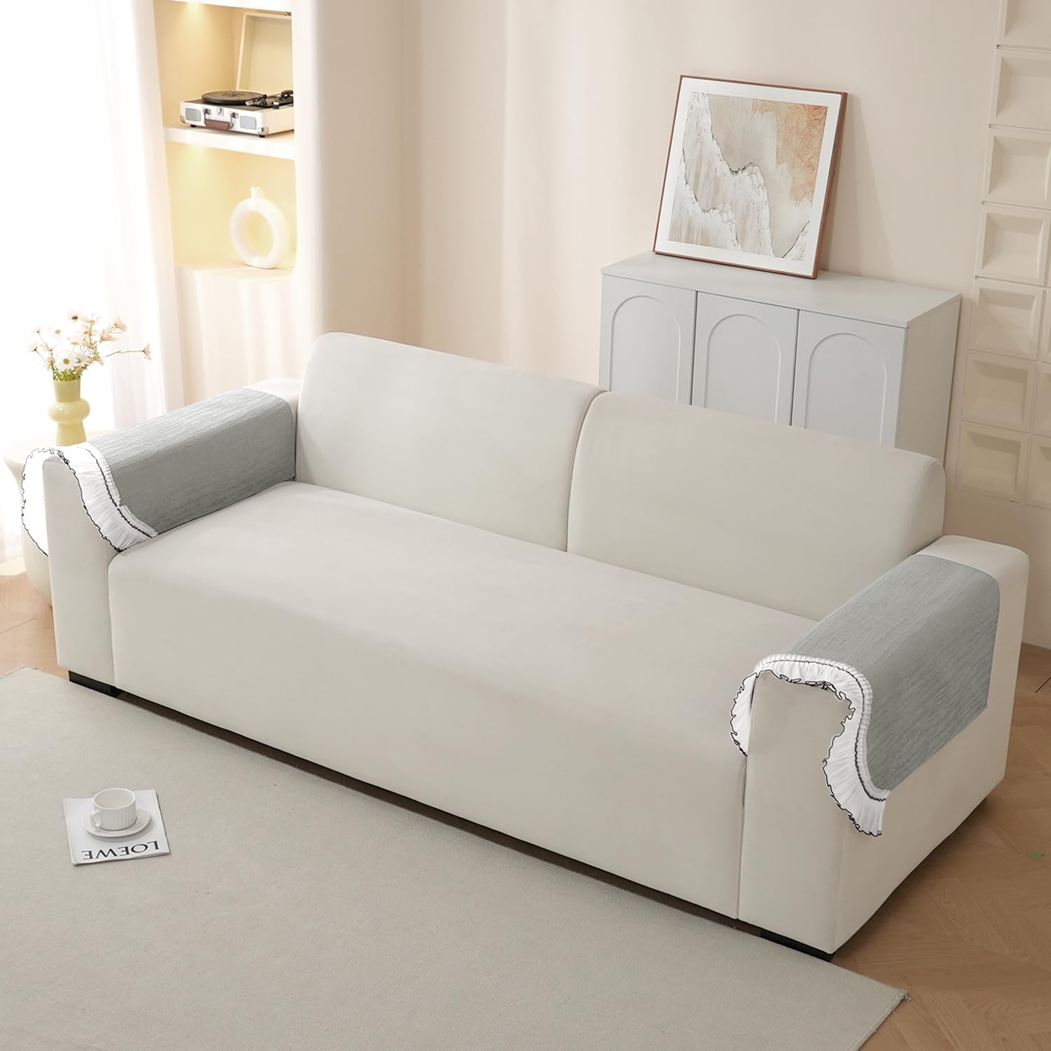 HOKIPO 'French Lace & Luxe' Anti-Slip Sofa Armrest Covers | Elegant Curved Lace Design | 1 Pair - Featherlight Grey (NEW-AR-6128-GRY*2)-image-23