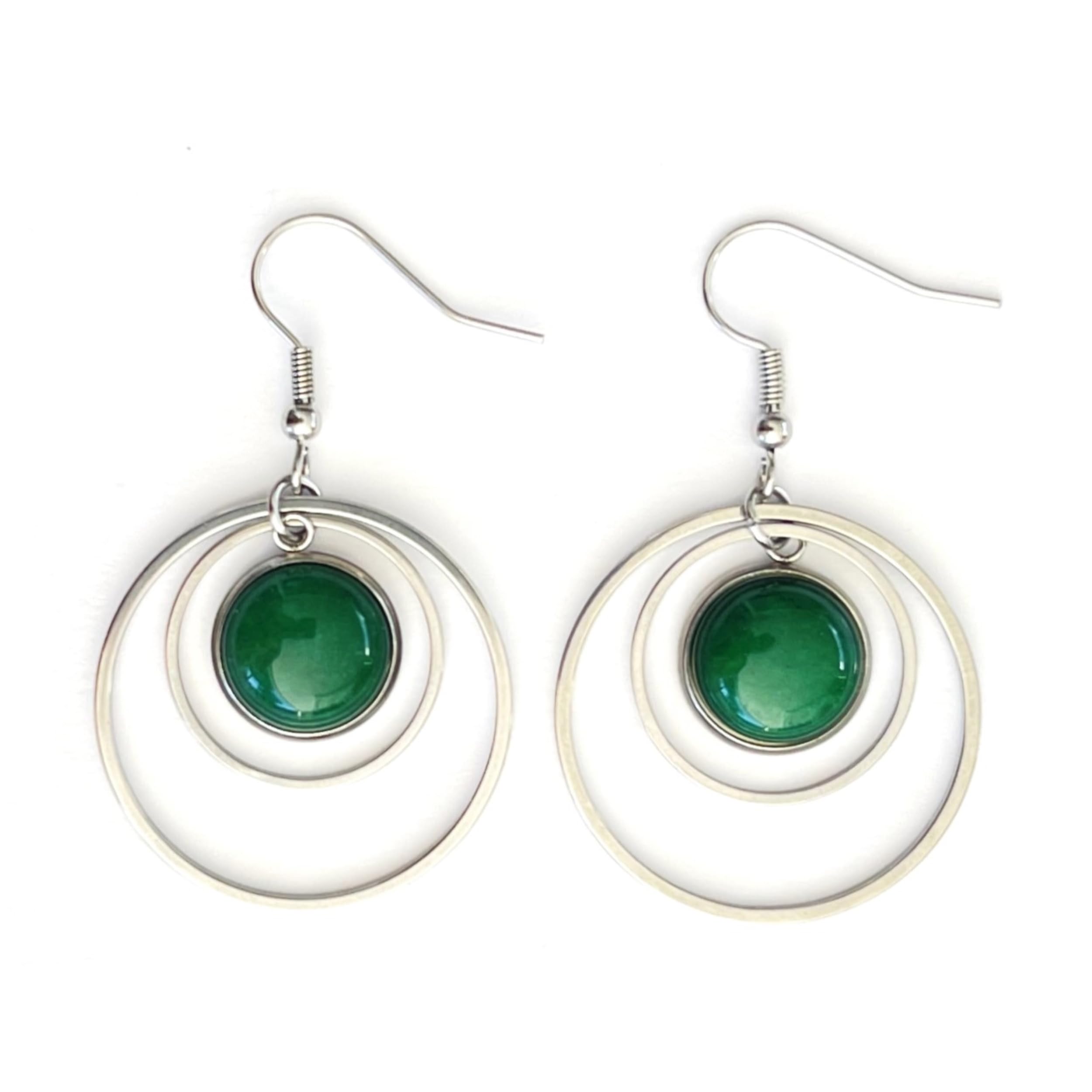 ASTER ALHELÍPendientes Mujer con Piedras Naturales - Acero Inoxidable Plata con Colgante Doble Aro con Gemas Semipreciosas - Amuleto de la Suerte Protector (Jade Verde)