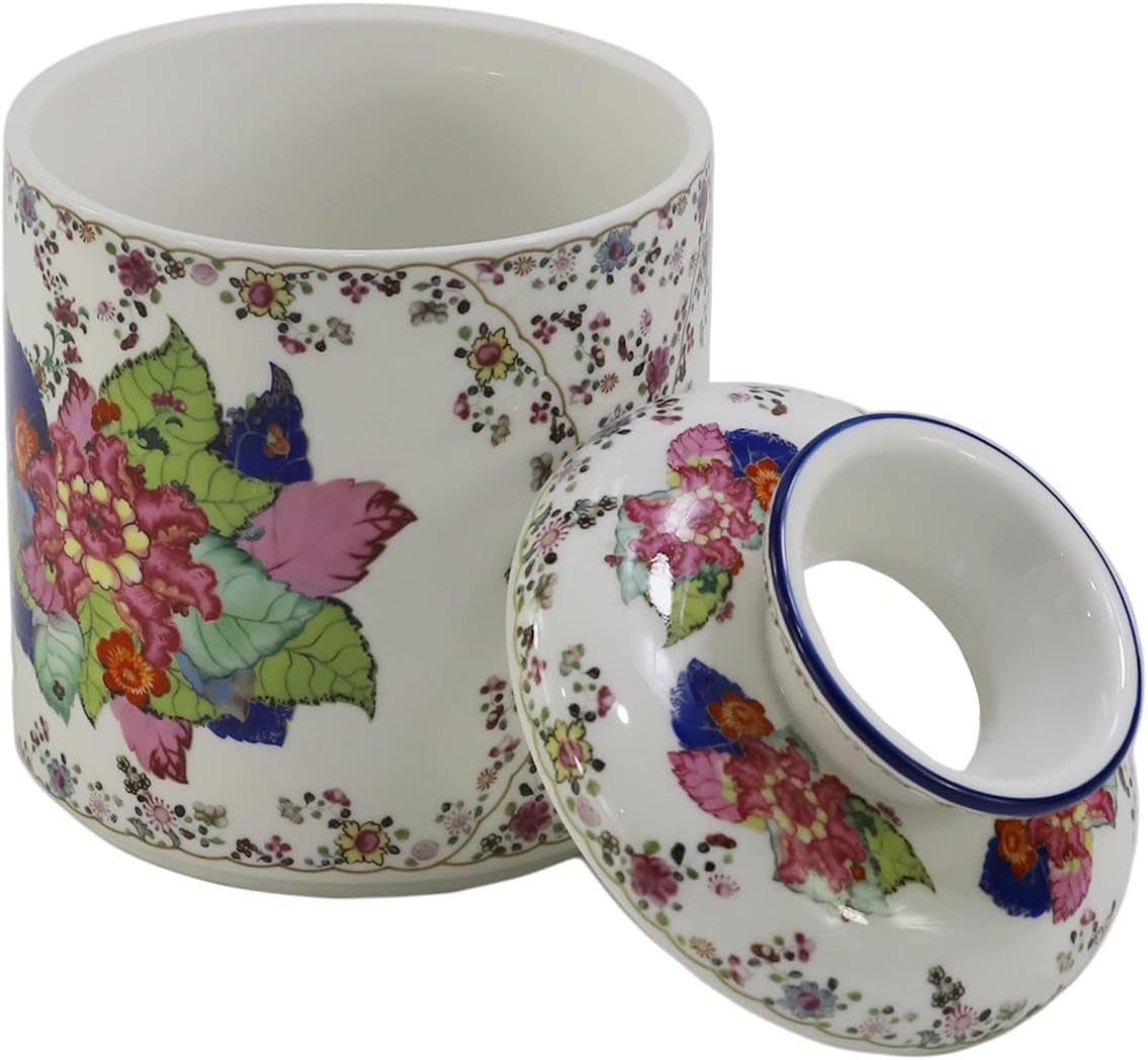 Tobacco Leaf Pattern Floral Round Porcelain Tissue Box Cover 6.7", Facial Tissue Holder Storage for Bathroom Vanity, Countertops, Dressers, Parlors and Offices Home Décor