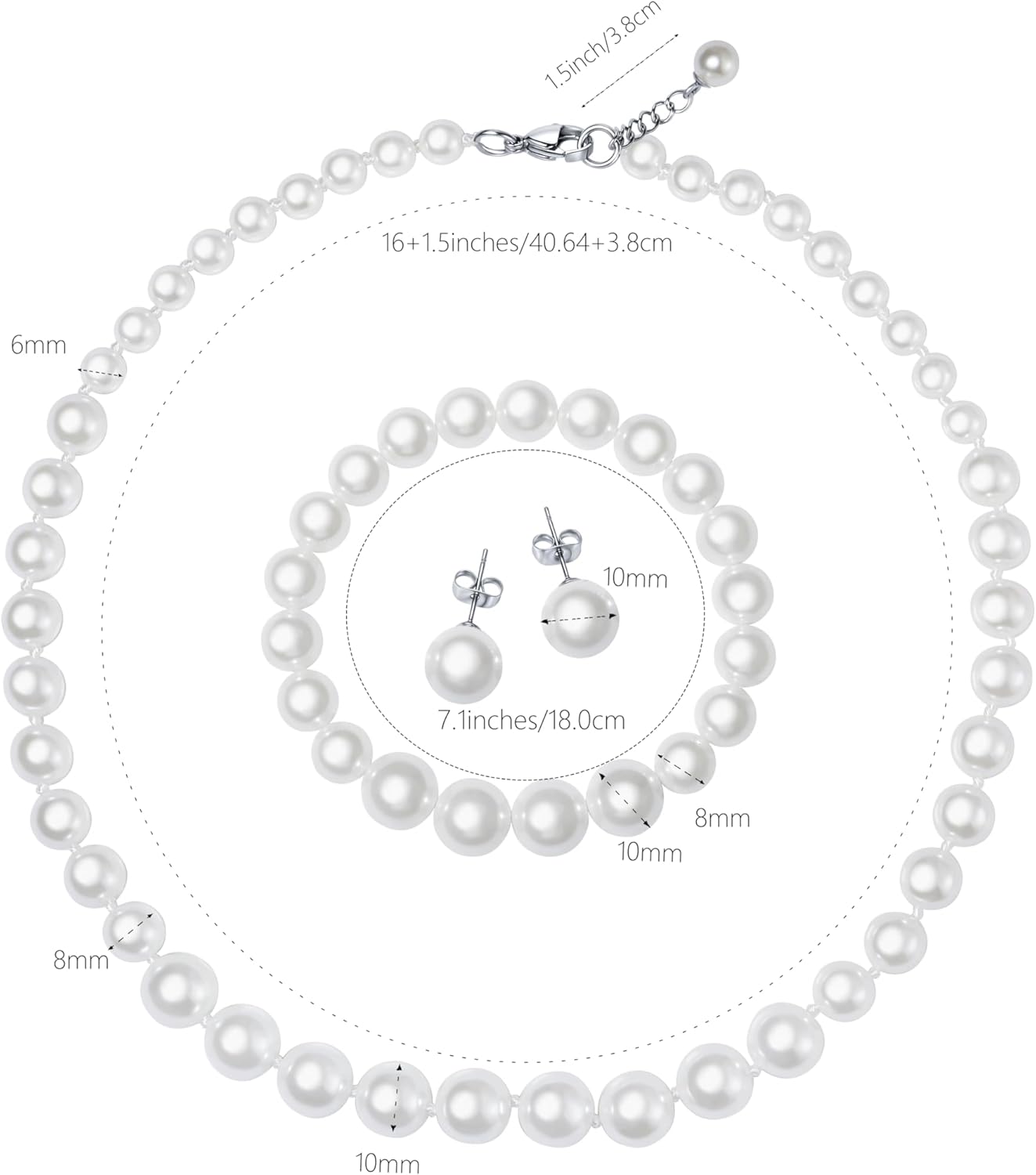 Pearl Jewelry Set for Women – 3-Piece Glass Imitation Pearl Necklace, Bracelet & Stud Earrings Set, Faux Jewelry for Weddings, Parties, and Gifts - Image 2