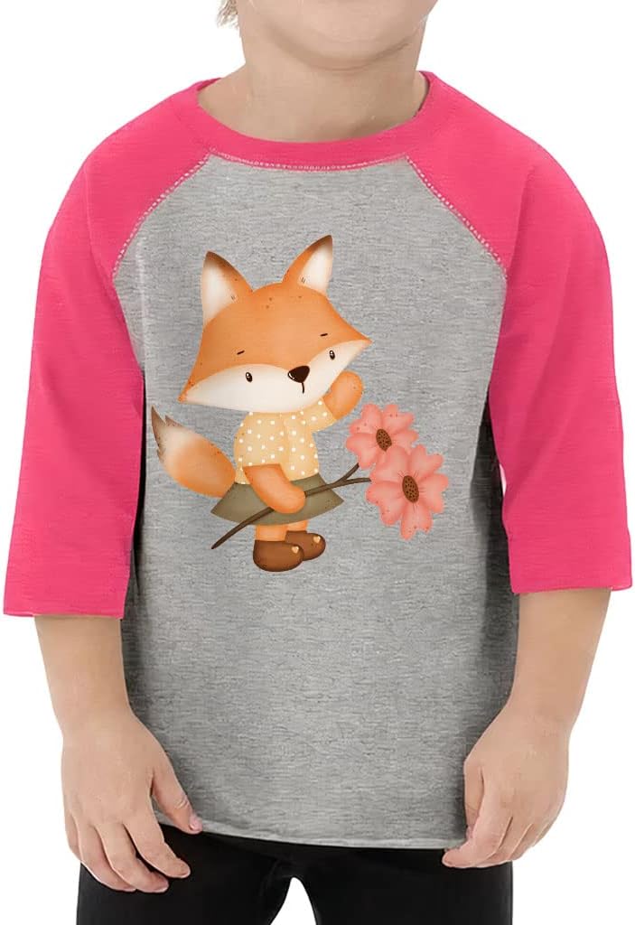 Fox Print Toddler Baseball T-Shirt - Cartoon Design 3/4 Sleeve T-Shirt - Cute Kids' Baseball Tee