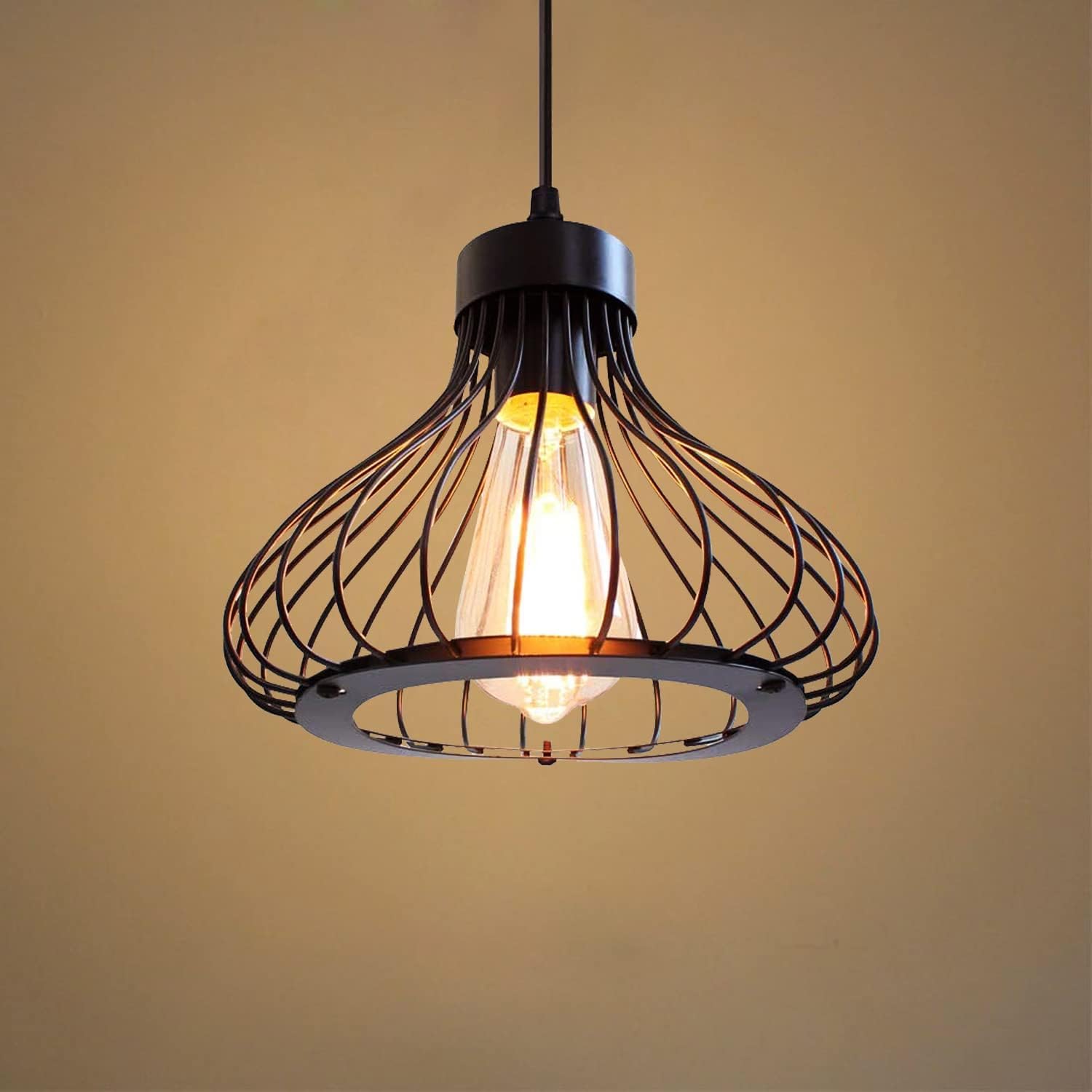 Comely Lámpara Colgante Industriale, Vintage Lampara Colgante Techo Pantalla de Jaula de Metal, Negro E27 Iluminación de Techo para Pasillo Comedor Cocina Dormitorio