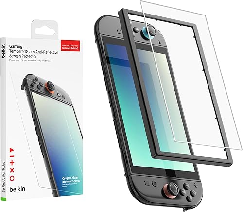 Belkin TemperedGlass - Protector de pantalla antirreflectante para Nintendo Switch de dureza 2-9H, delgado, resistente a los arañazos, incluye marco