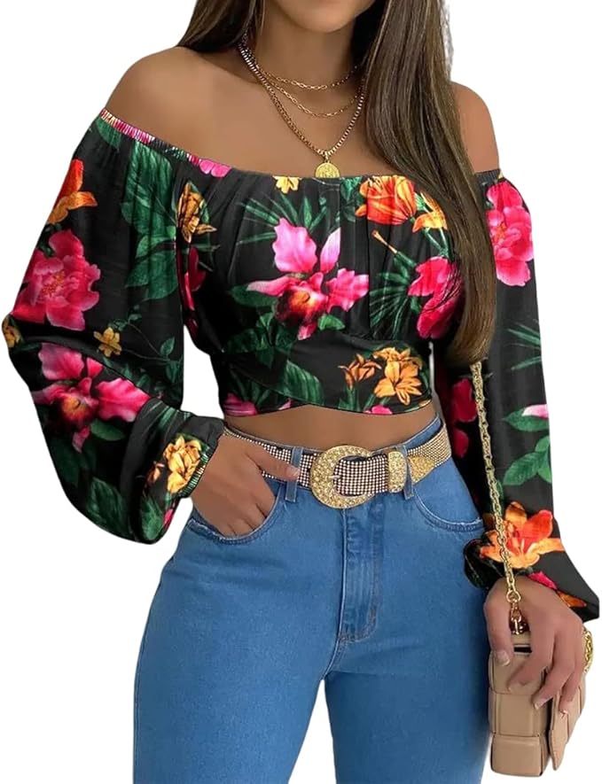 MIRACMODA Woman Off Shoulder Ruched Tie Back Crop Top Summer Lantern Sleeve Boho Shirt Blouse