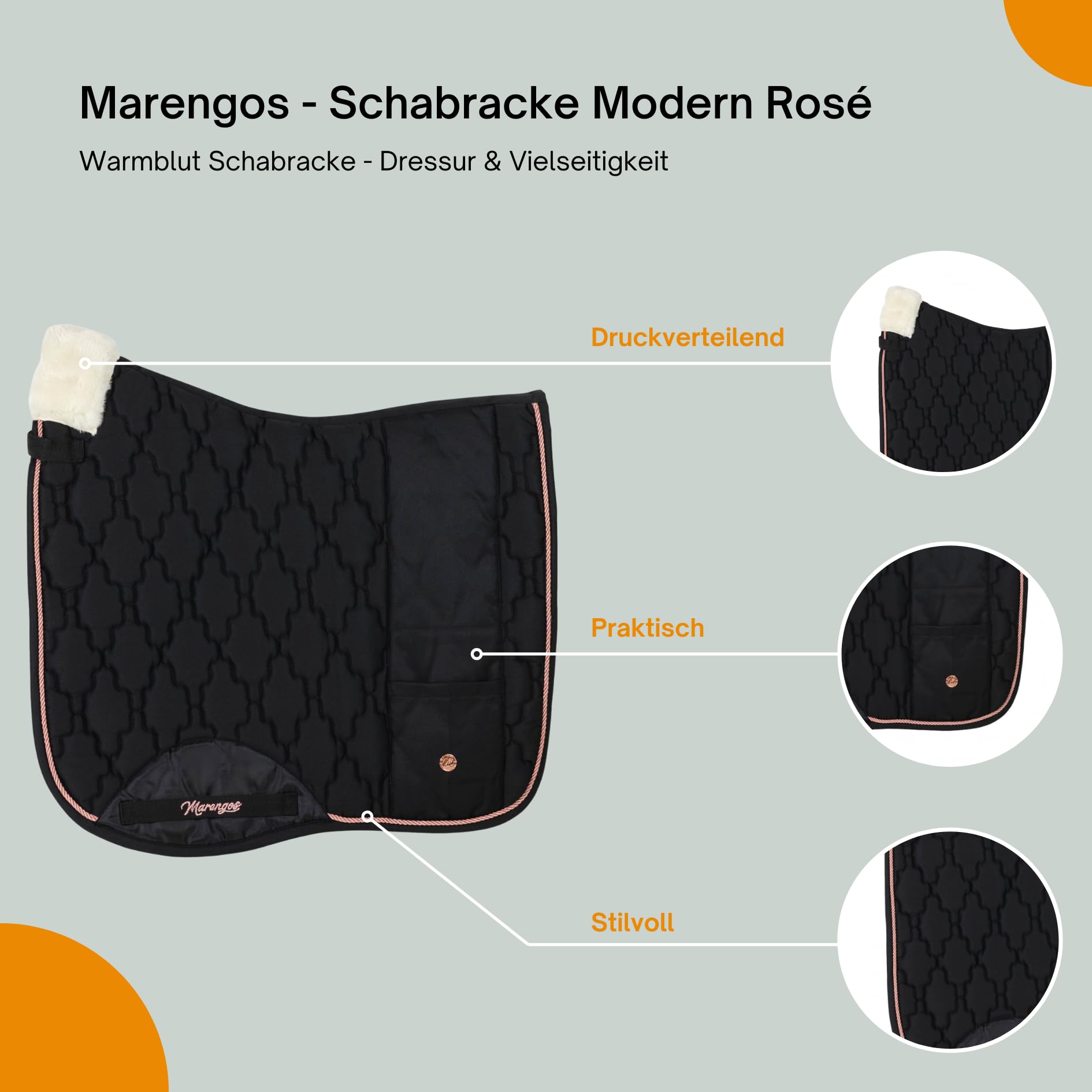 Marengos Schabracke Modern Rosé Warmblut mit Schaumstoff-Füllung Tasche Polsterung Widerrist Barockschabracke floraler Steppung Zierkordel Dressur Vielseitigkeit