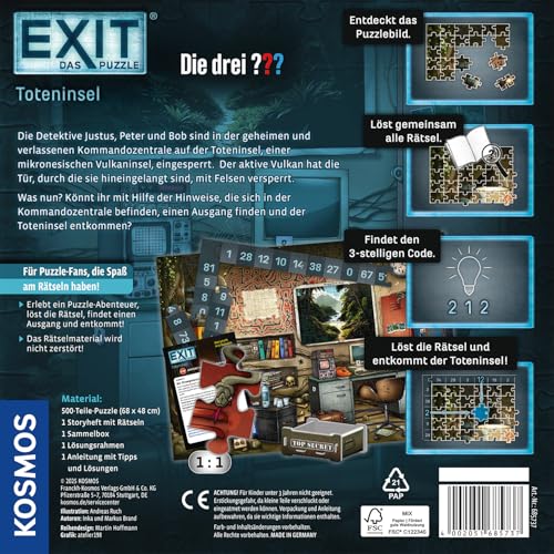 KOSMOS 685737 EXIT® Das Puzzle Die DREI ??? Toteninsel, 500 Teile Escape Game Puzzle mit exklusiver Die DREI Fragezeichen Geschichte