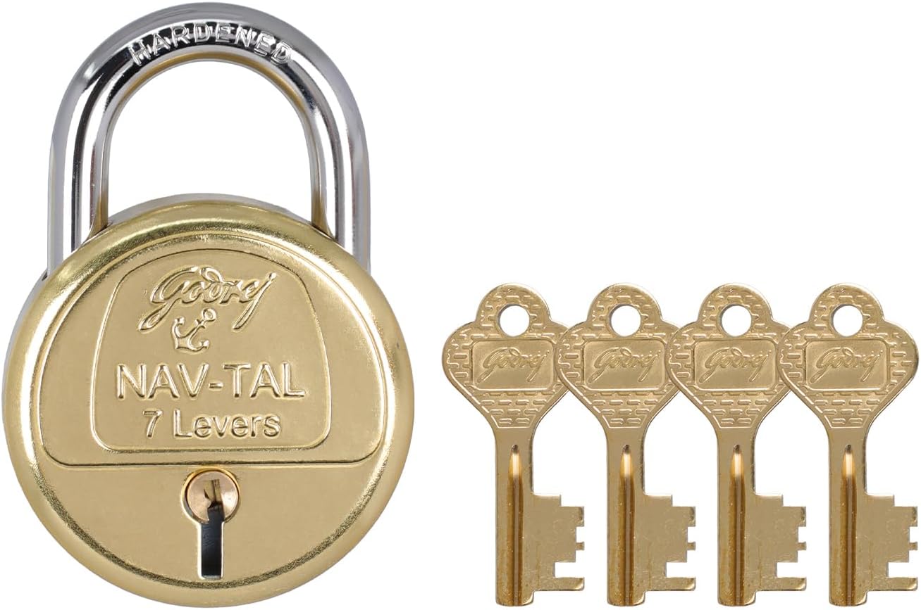 Godrej Locks I Navtal 7 levers 65 mm I 4 Keys I Padlock for Main Door I Gate Lock I Tool Box, Shutters, Shops & Offices I Strong Hardended Corrosion Resistant Shackle I Brass Material & Brass Finish
