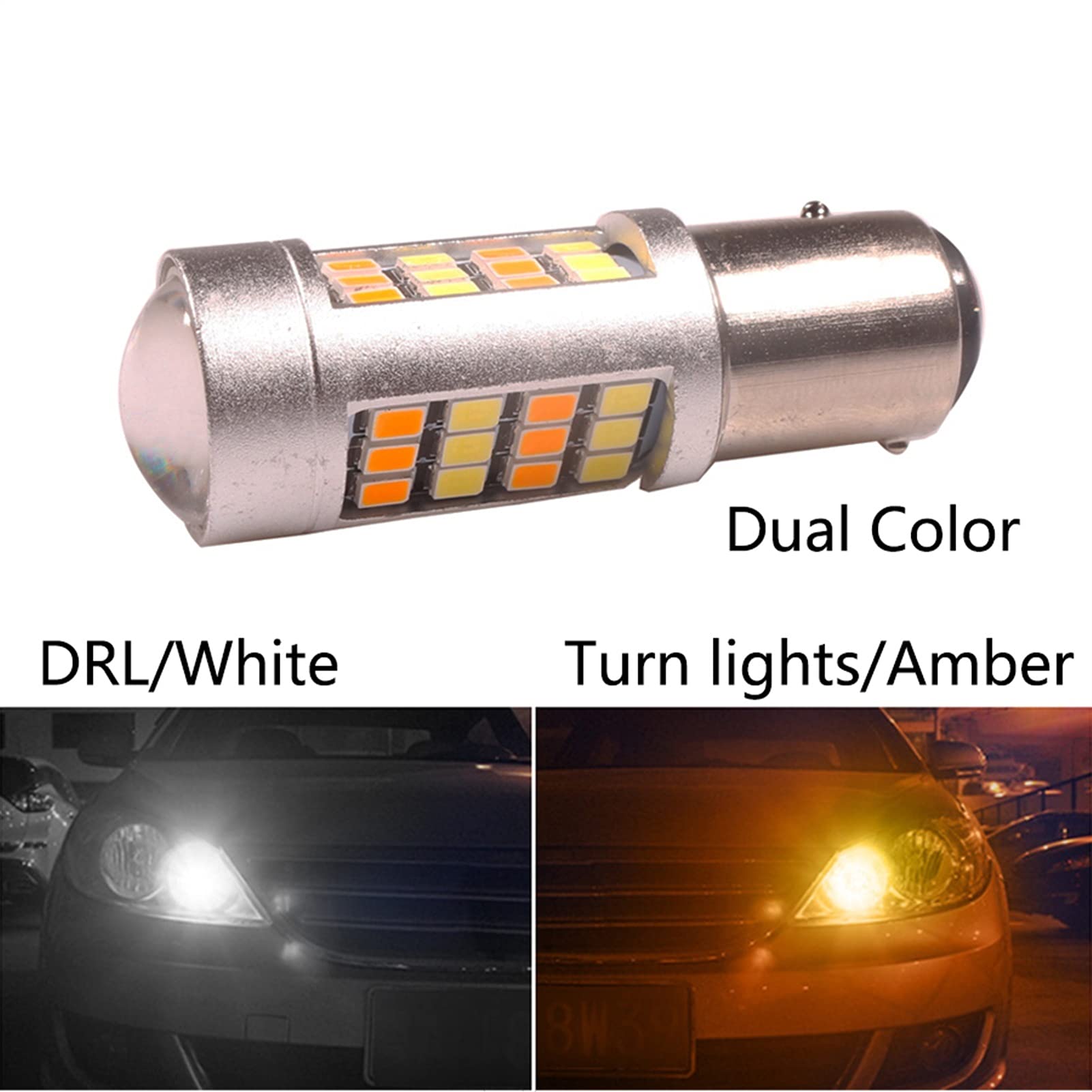 Żarówka ledowa 2 sztuk Dual Color Led Cebuls do samochodów DRL & Turn Lights 2835 42-SMD 1157 Bay15d P21 / 5W T25 3157 P27 / 7W T20 7443 W21 / 5W (Color : White to Amber, Size : 1157 BAY15D)