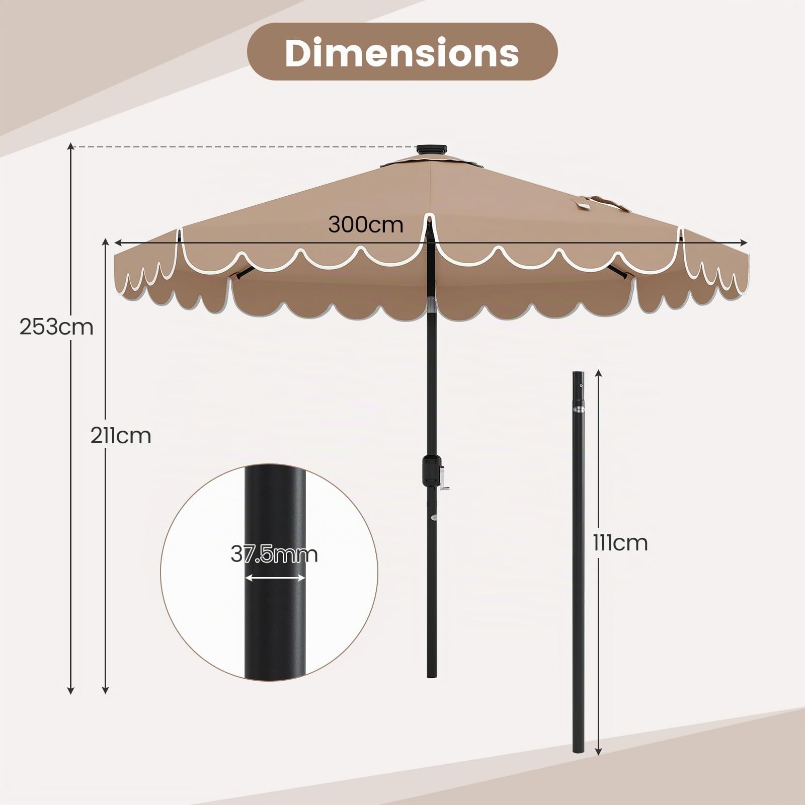 KOMFOTTEU Parasol de Jardin φ3 x 2.53 m avec 24 Lumières LED et Manivelle, Parasol de Balcon pliable, Parasols de Cour Angle inclinable jusqu'à 35°, pour Terrasse, Piscine, Patio