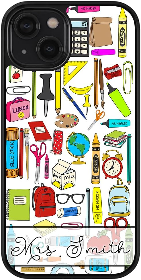 Teacher School Supplies Personalized Black Rubber Phone Case Compatible with Apple iPhone 17 Pro Max Air, 17e, 16e, 16 Pro Max Plus, 15 Pro Max Plus, 14, 13 Mini, 12, 11, X, 7, SE