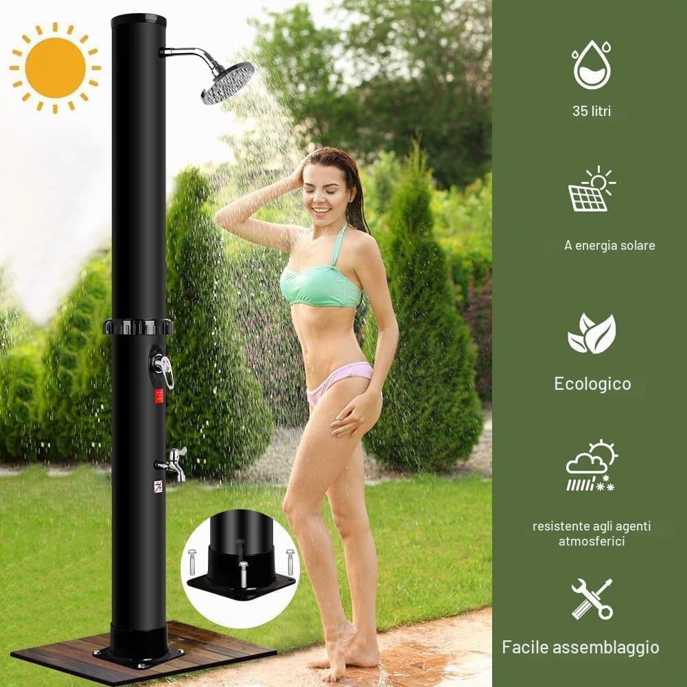 Doccia Solare Esterno 35 L, Colonna Doccia Solare Piscina con Telo Protettivo, Serbatoio PVC, Acqua Calda Fredda, Soffione Orientabile, Rubinetto Lavapiedi, Giardino Campeggio