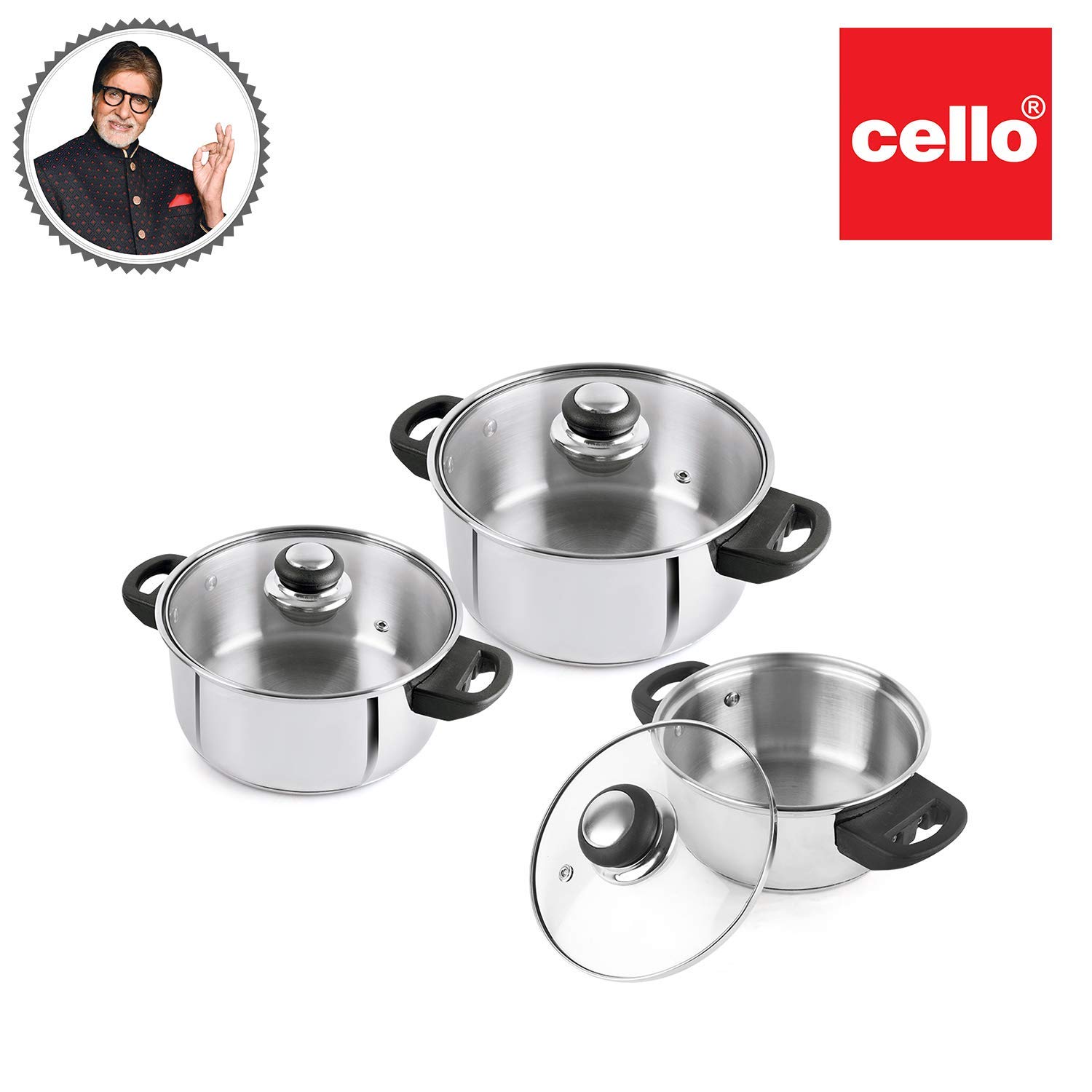Cello Steelox Induction Compatible Stainless Steel Casserole/Handi Set of 3 with Glass Lid, Capacity -1 LTR, 2 LTR & 3 LTR