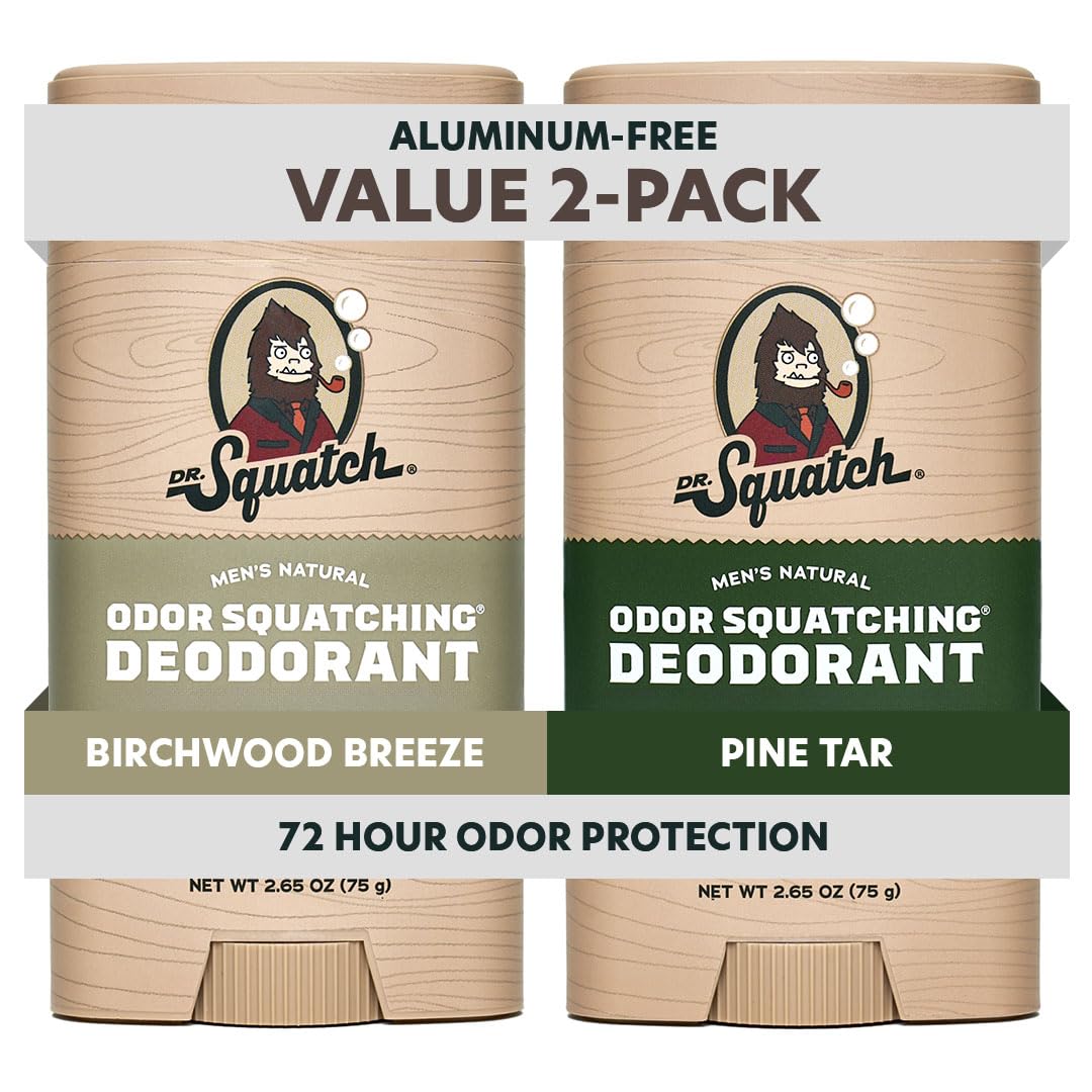 Dr. Squatch Natural Deodorant for Men – Odor-Squatching Men's Deodorant Aluminum Free - Pine Tar + Birchwood Breeze (2 Pack)