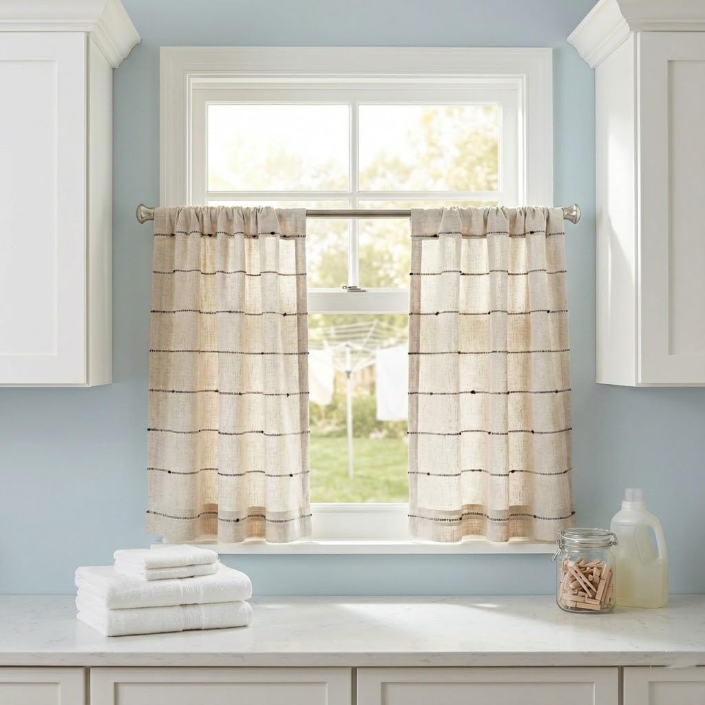 Piper Classics Farmcloth Stripe Tiers, Set/2, 24" L x36 W, Rustic Farmhouse, Natural Cream w/Black Stripes, Cafe Curtains