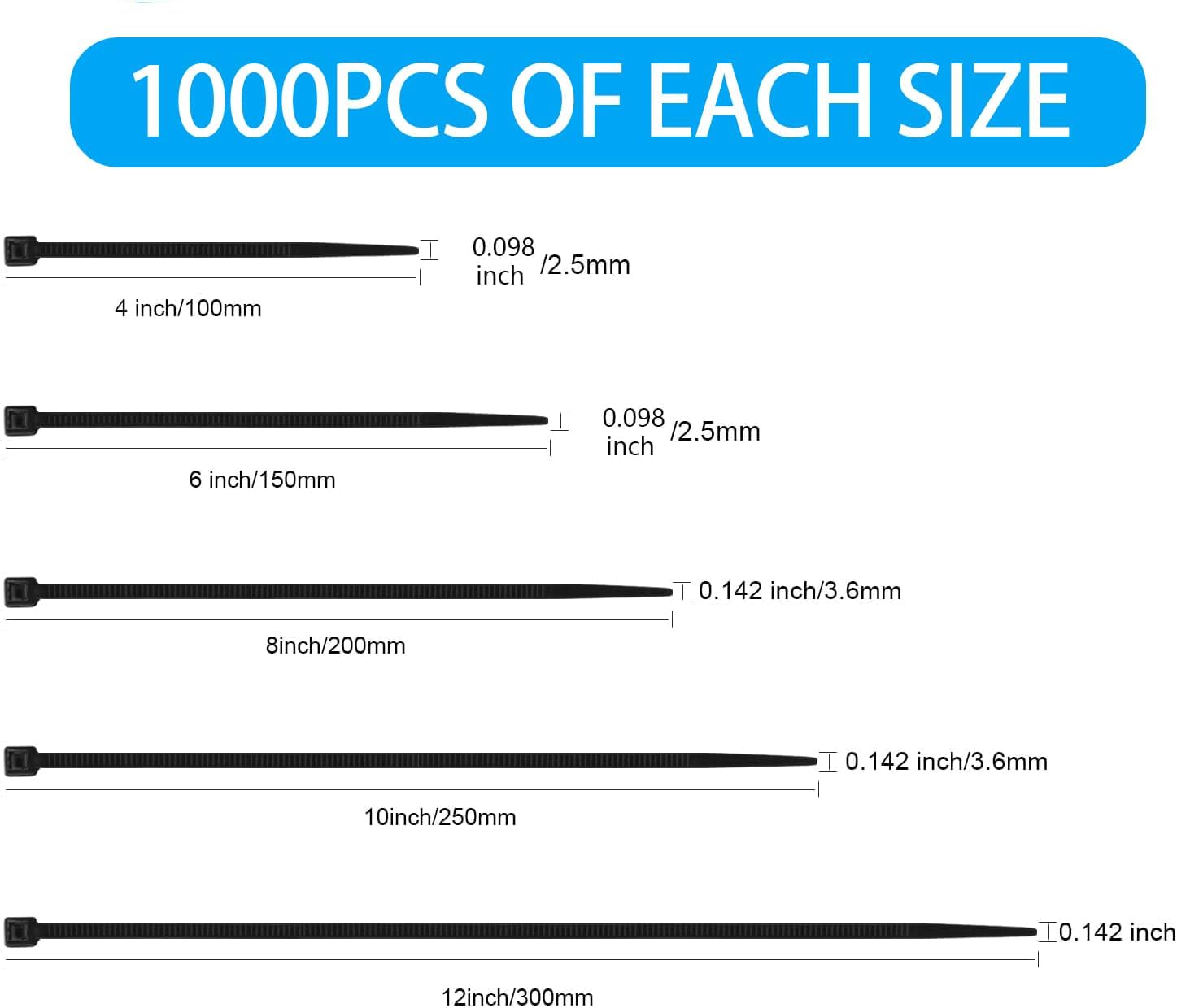 XINGO Black Zip Ties Assorted Size 5000 Pack, 4+6+8+10+12 Inch, Self-Locking UV Resistant Nylon Cable T iesPerfect for Home, Office, Garden and Workshop