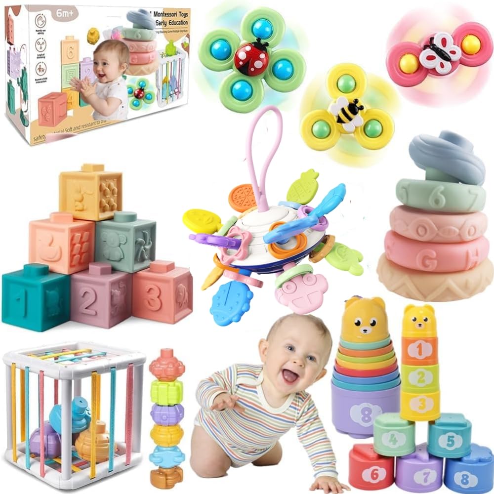 ELLECK Babyspielzeug 6-12 Monate, Montessori Spielzeug für Kleinkinder von 1 bis 3 Jahren, Badespielzeug aus belegtem Eimer, stapelbare 6-in-1-Ringe, Drehspielzeug mit