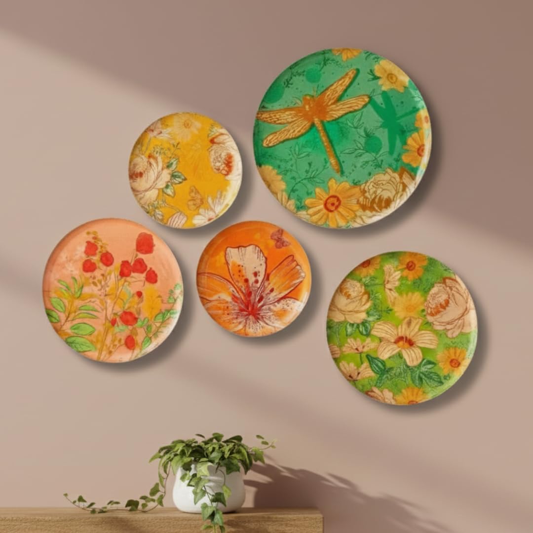 RITUALISTIC Pastel Blooms Iron Wall Art Plates – Set of 5 Decorative Plates | Floral & Nature-Inspired Metal Wall Decor | Soft-Toned Wall Hanging for Living Room, Bedroom & Elegant Home Decor