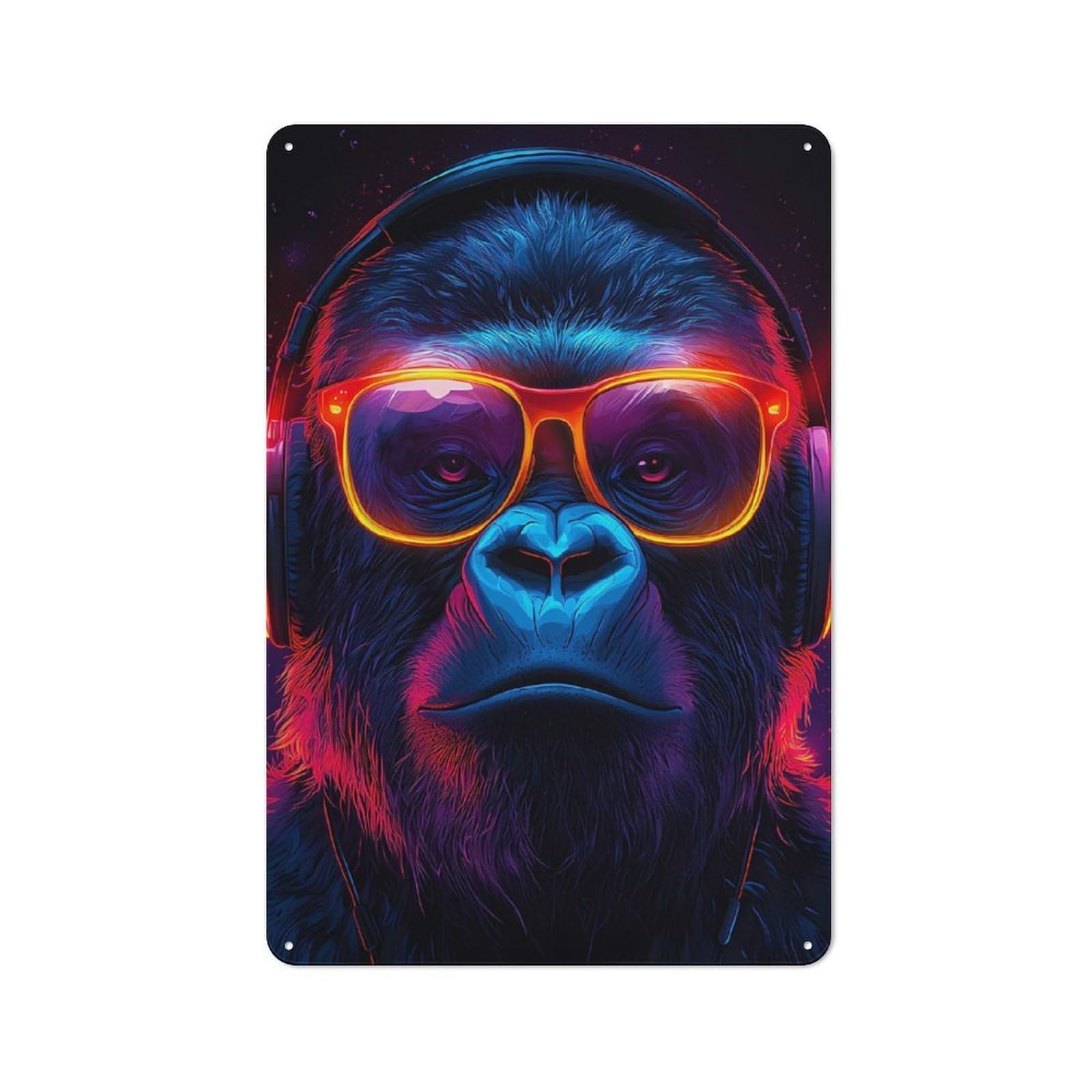 Junmoney Cool Gorilla With Headphones And Glasses Rustic Metal Sign 30X20cm For Dining Room Or Kitchen, For Kitchen, Dining Room And Home Bar Wall Decor