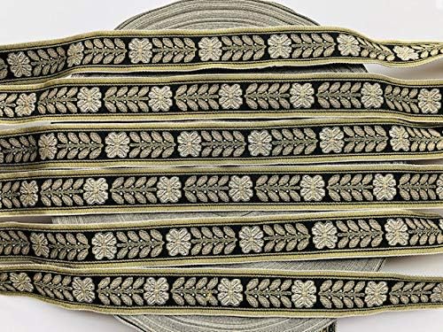 JL 475 ジャカード メタリック ゴールド フローラル リーフ ブラック リボン トリム 1インチ (25mm) 5ヤード DI