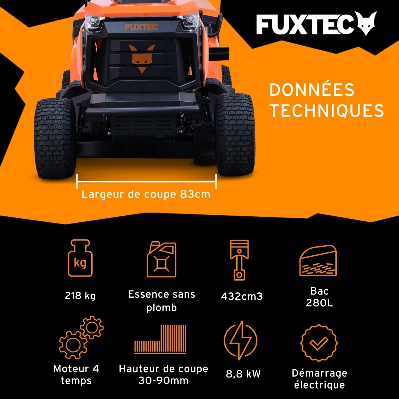 FUXTEC Tondeuse autoportée FX-RMT84M - Tondeuse autoportée à Essence avec Largeur de Coupe 83 cm - Moteur 8,8 KW 432 cm³ - 6 hauteurs réglables - bac 280 L - Marche arrière RMO - boîte Manuelle 5+1