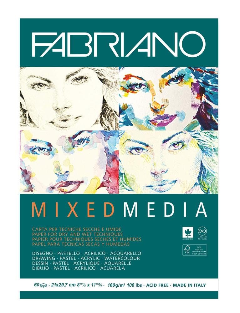Unbekannt Fabriano Mixed Media Artist Paper Pad A4 60 Sheets 160 g/m2 Acid Natural Grain Suitable for Wet and Dry Painting Techniques, White, DIN