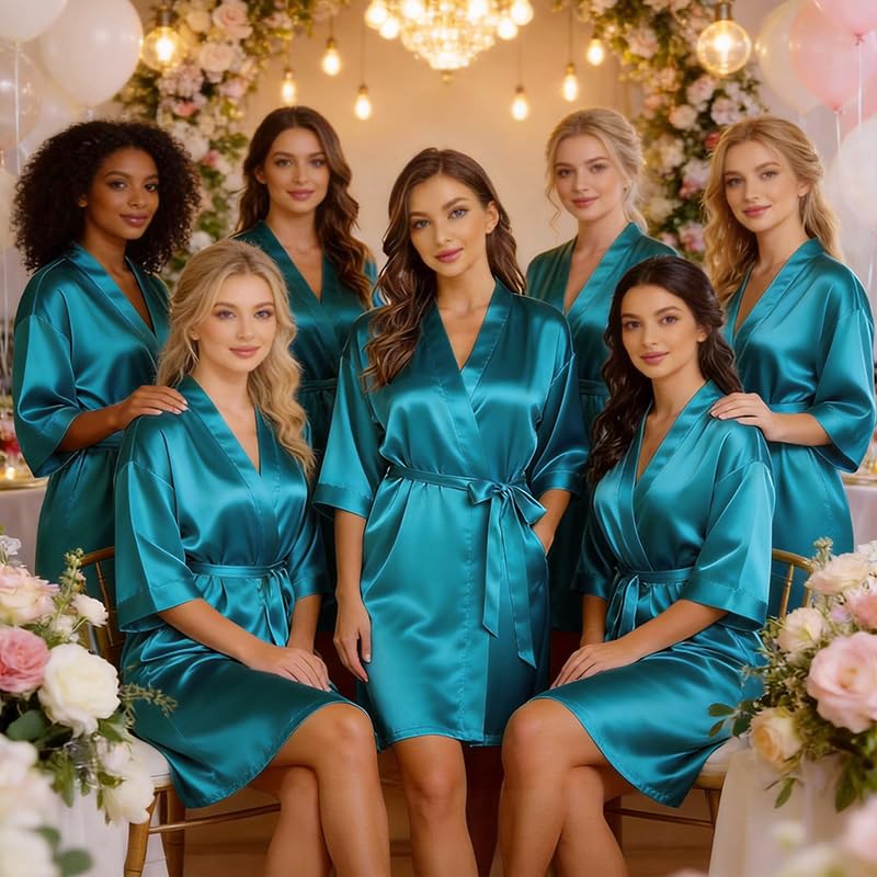 Image of Women's Bride Bridesmaid Robes Short Satin One Size Silver Rhinestones Wedding Party Getting Ready Sleepwear